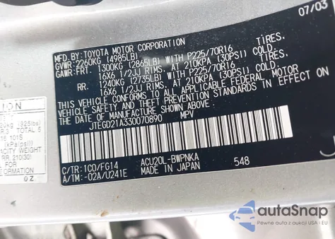 2003 Toyota Highlander z USA, uszkodzony, nr VIN JTEGD21A330070890